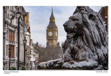 Image of Lion Monument in Trafalgar Square. Image focus Stacked to bring Elizabeth Tower in to focus. Howard J King 2015